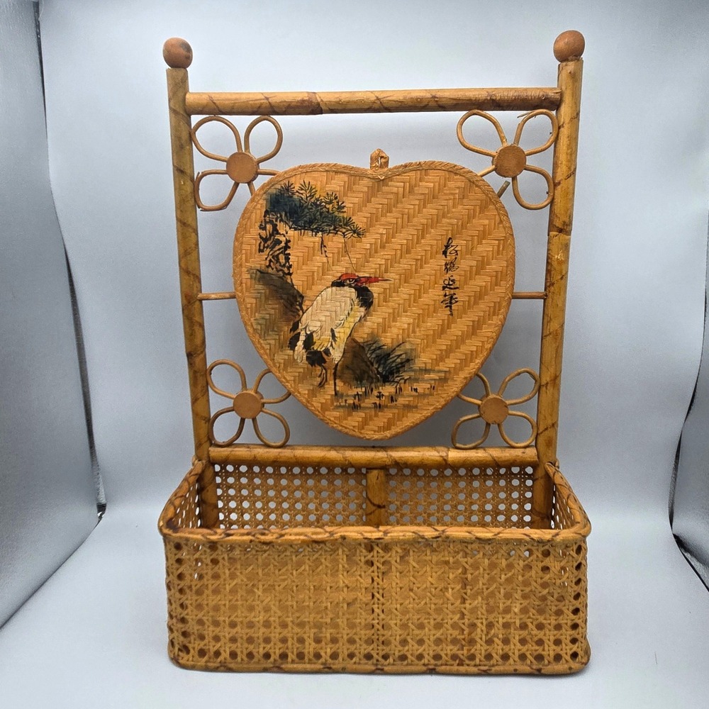 Vintage Bamboo Rattan Wall Mail Organizer Shelf Hand Painted Bird Boho 18"‎ Tall